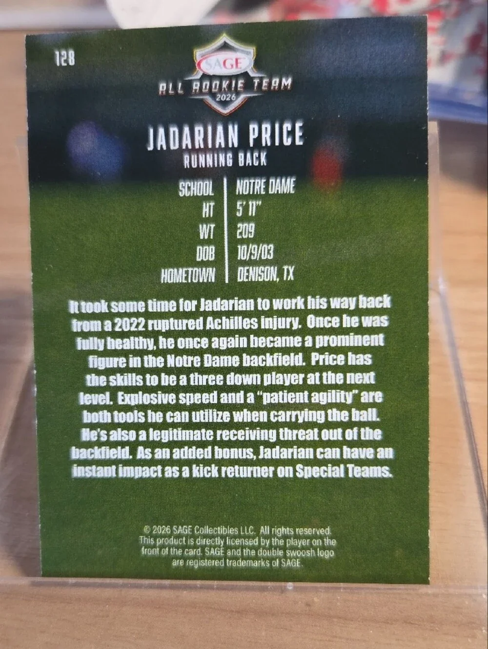 Sage All Rookie Team 2026 Jadarian Price Card - Yellow & White